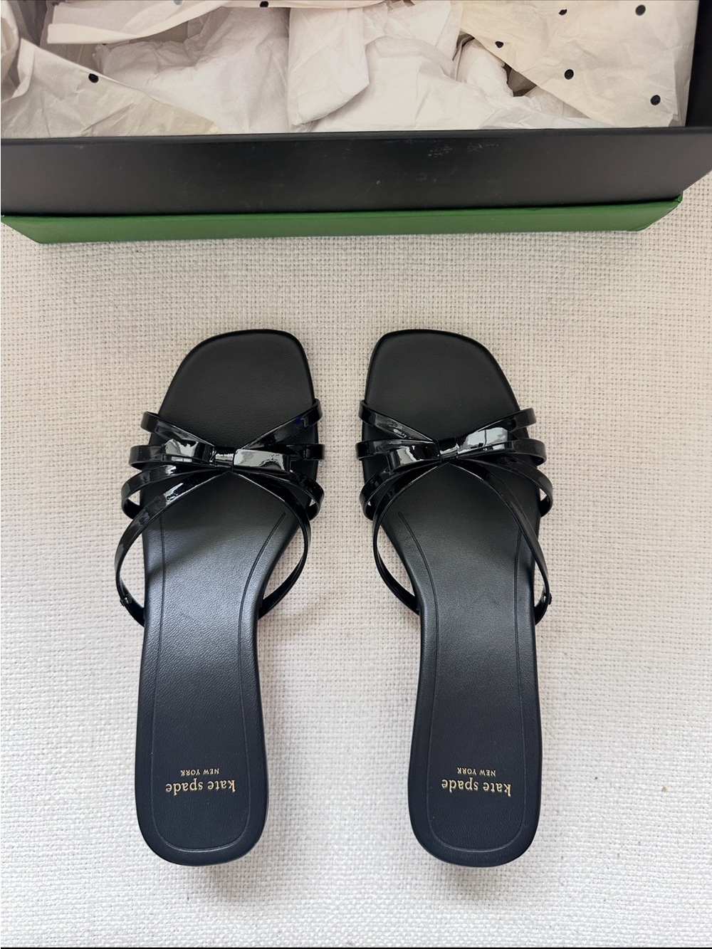 kate spade Black Patent Multi-Strap Slide Mules